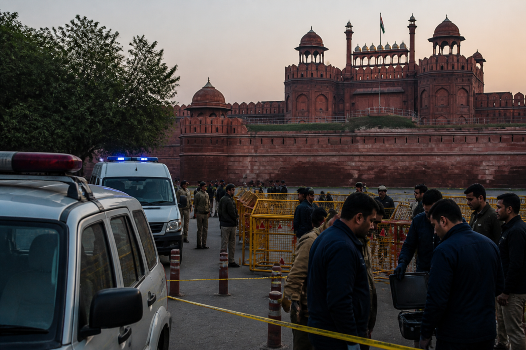 Security barricades and emergency vehicles near the Red Fort in Delhi after the blast investigation