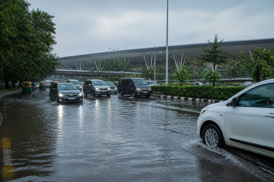Waterlogged road near Delhi’s Indira Gandhi International Airport after heavy rainfall