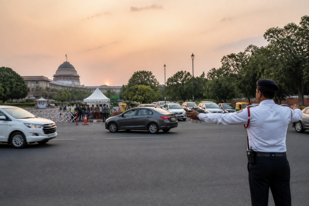 Traffic on a Delhi road near central government and convention district during BRICS Summit traffic restrictions