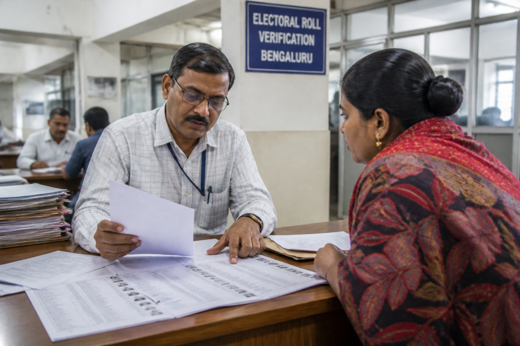Electoral roll verification documents and a notice linked to Karnataka's electoral roll revision in Bengaluru