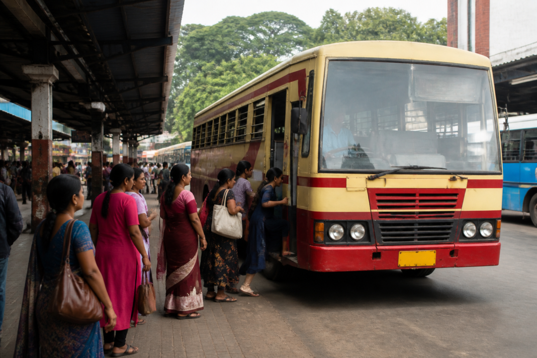 KSRTC bus operating in Kerala under the state’s free bus travel scheme for women and transgender persons