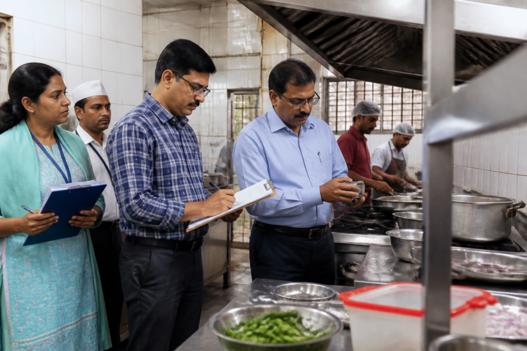 Municipal officials inspecting a hotel kitchen during Vijayawada hotel inspections