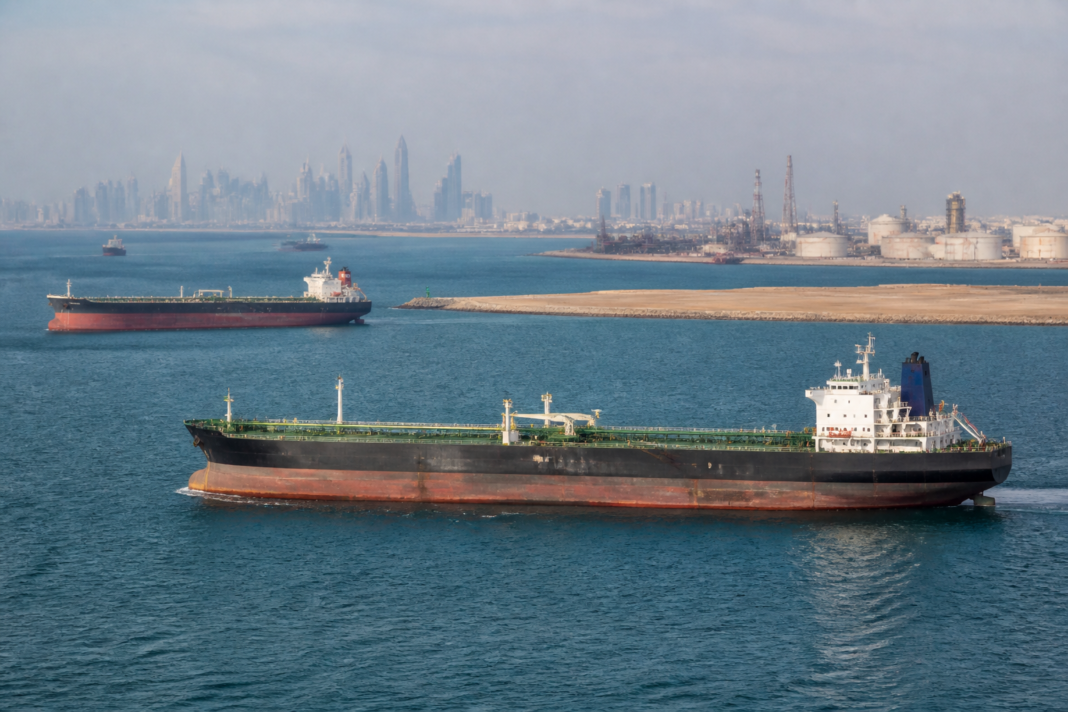 Oil tanker traffic near a major port illustrating the impact of rising oil prices on urban transport and supply chains