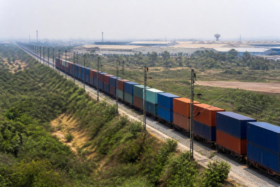 Freight trains carrying containers on India’s Dedicated Freight Corridor near an electrified railway route