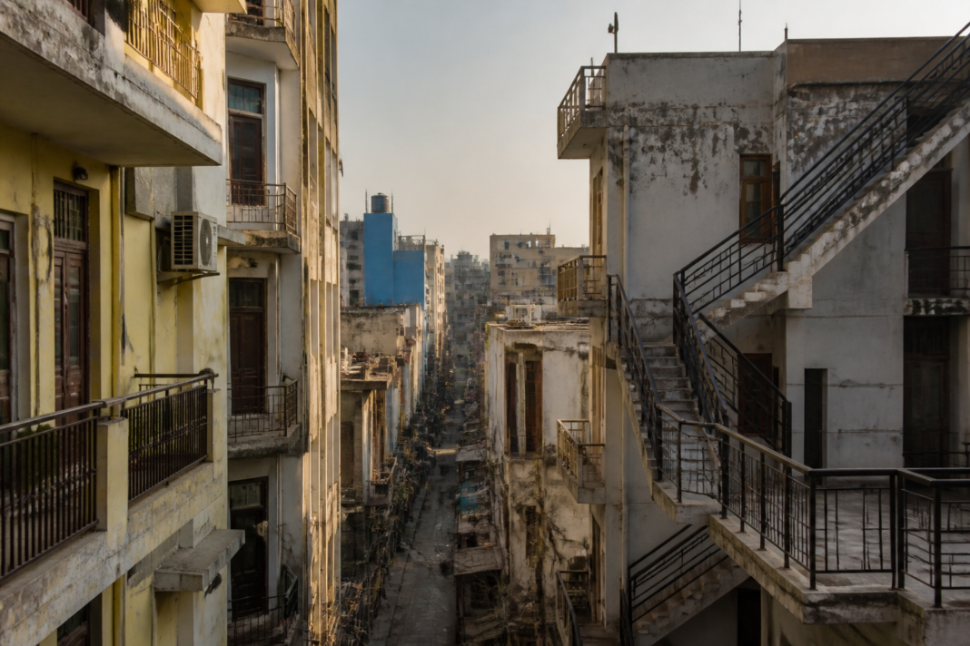 A narrow Delhi lane with dense low-rise accommodation buildings representing the city’s PG safety and student housing challenges