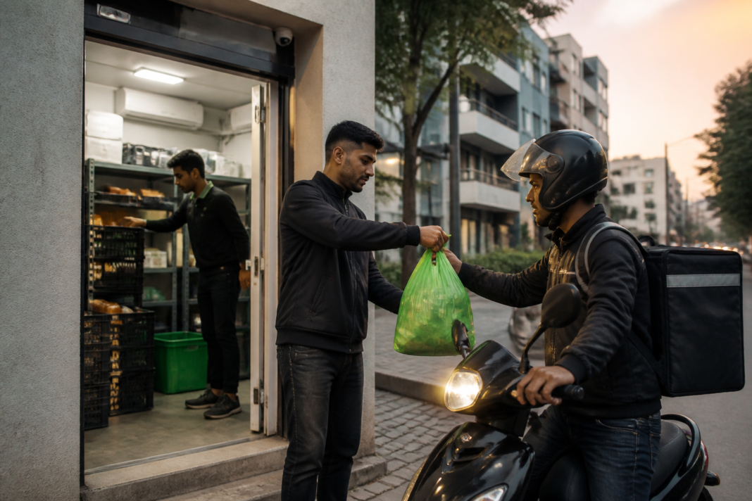 Flipkart Minutes app expansion represented by a delivery rider near an urban fulfilment hub in Bengaluru