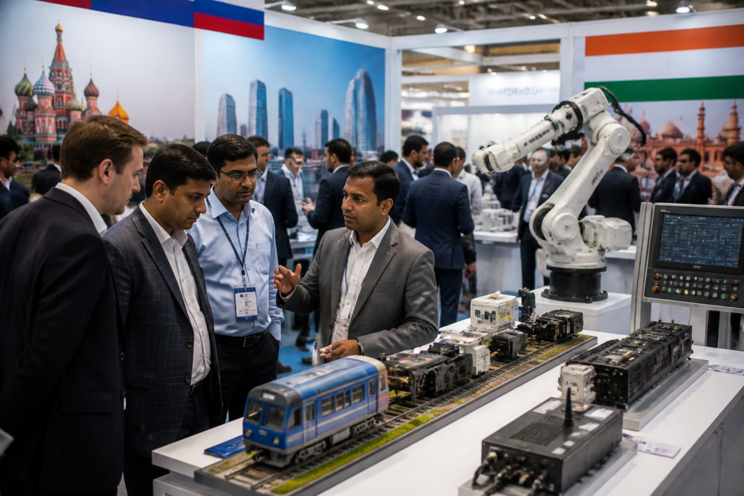 Visitors and exhibitors at the InnoProm India trade fair in New Delhi showcasing Russian industrial and transport technologies