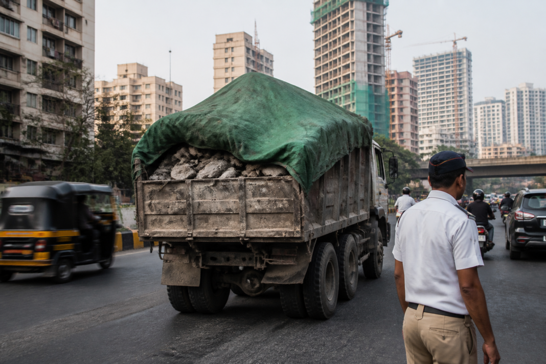 Covered construction debris vehicle on a Mumbai road under the BMC's C&D waste tracking system