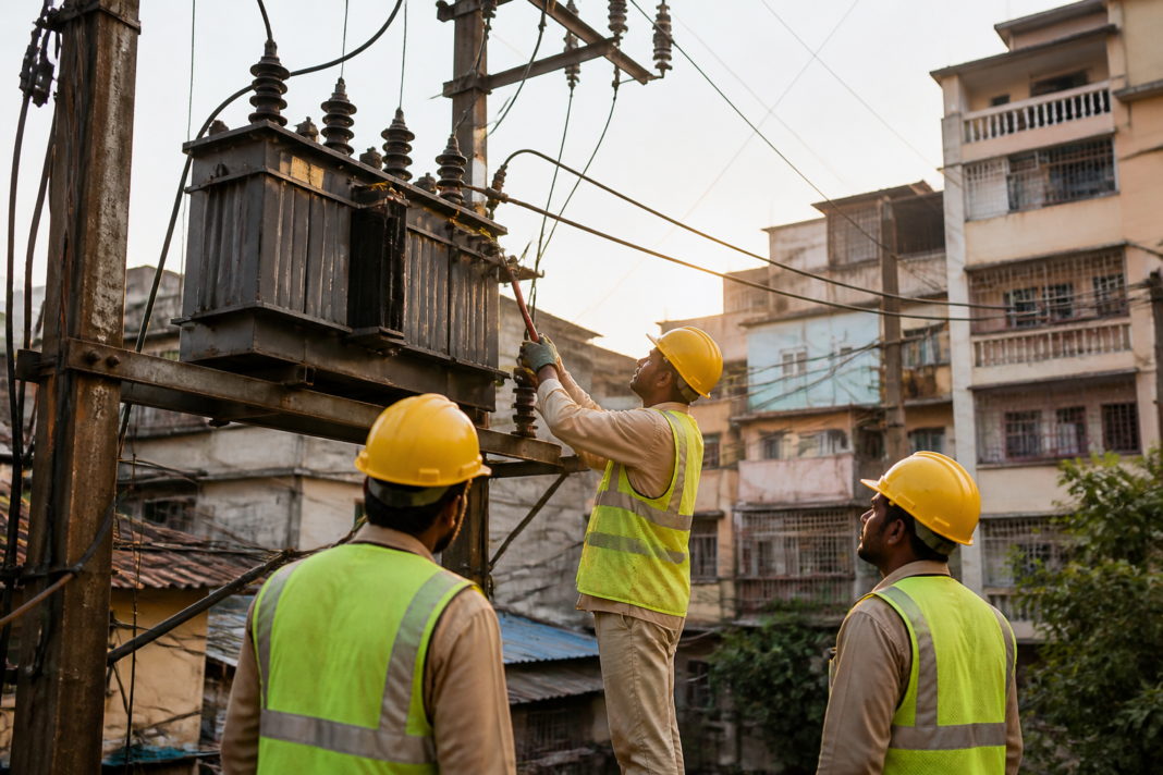 Electricity distribution workers inspecting power infrastructure in Maharashtra