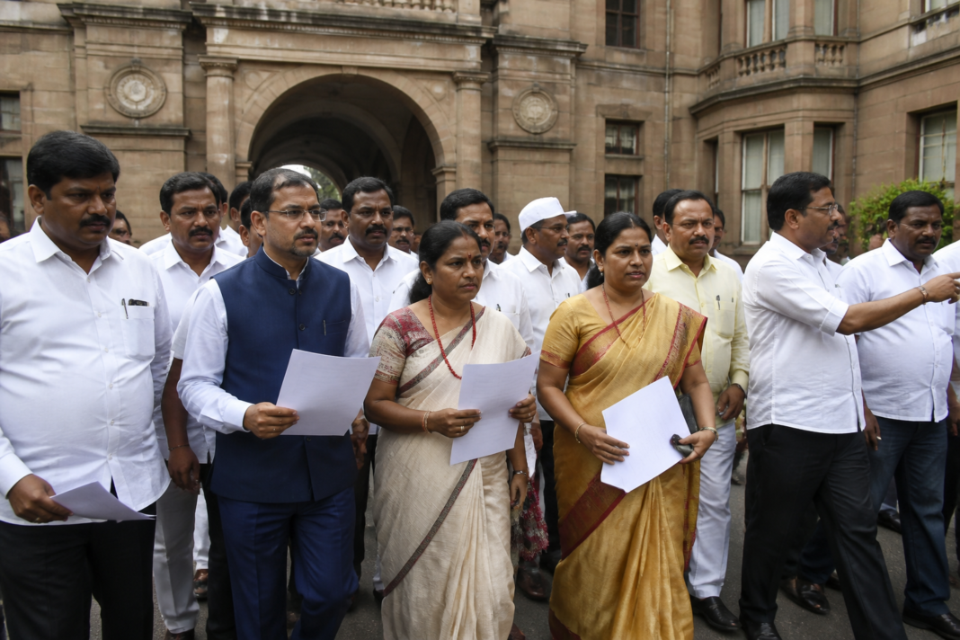 Maharashtra municipal presidents gathered at the state secretariat in Mumbai to protest reduced municipal powers