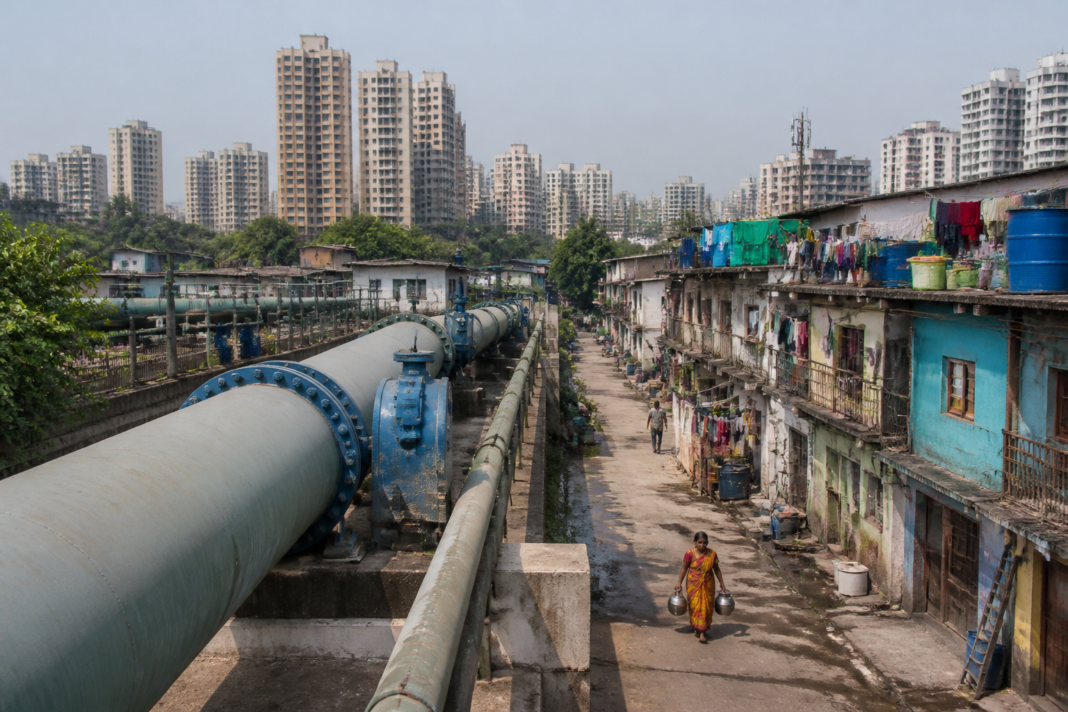 Mumbai water supply pipeline and residential buildings during the ongoing Mumbai water cut
