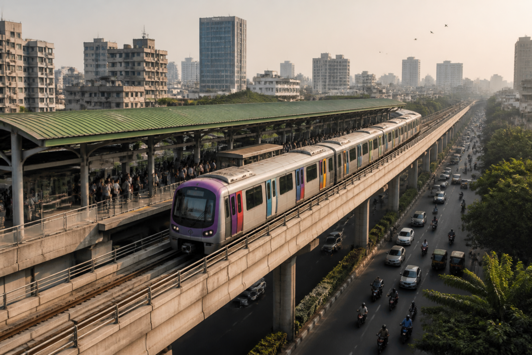 Pune Metro train operating on an elevated urban corridor during peak commuting hours