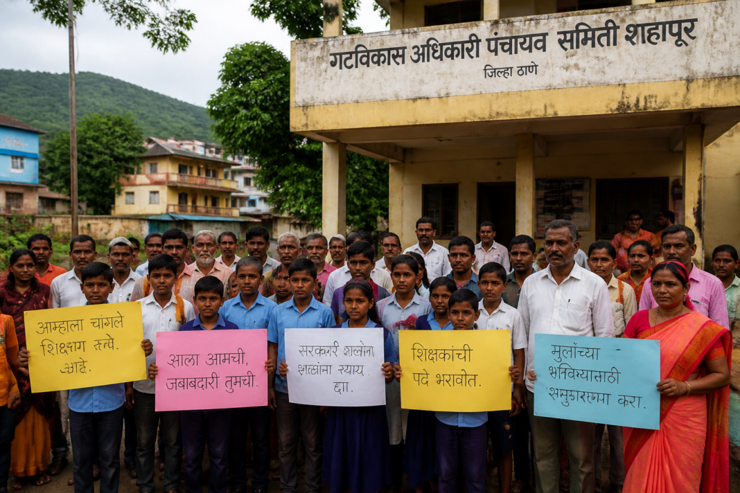 Students and parents protesting outside the Shahapur panchayat samiti over government school closures and basic facilities