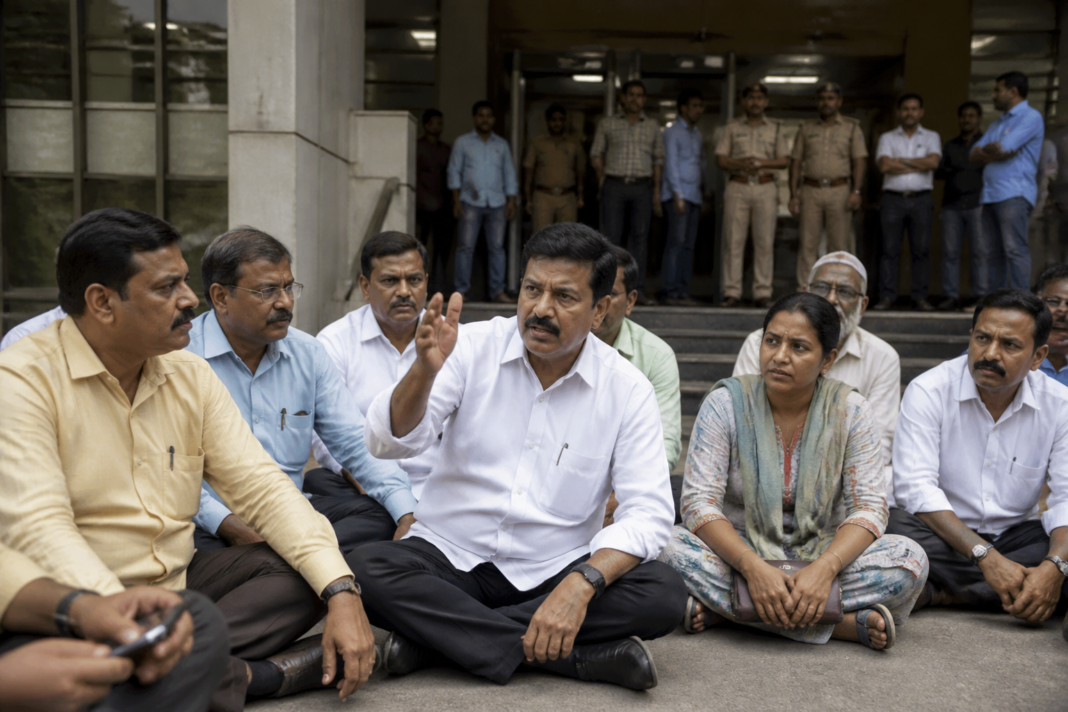 Former Thane mayor Ashok Vaiti staging a protest outside the Thane Municipal Corporation deputy commissioner’s office