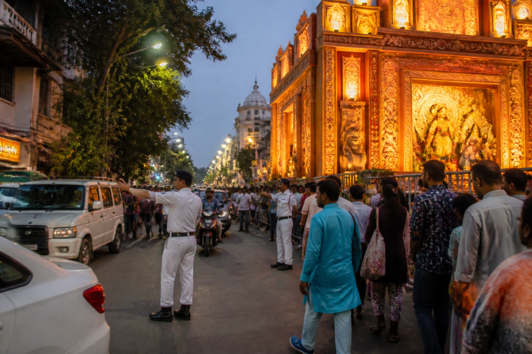 Traffic and pedestrians near a Durga Puja pandal in Kolkata as officials plan additional Puja parking areas
