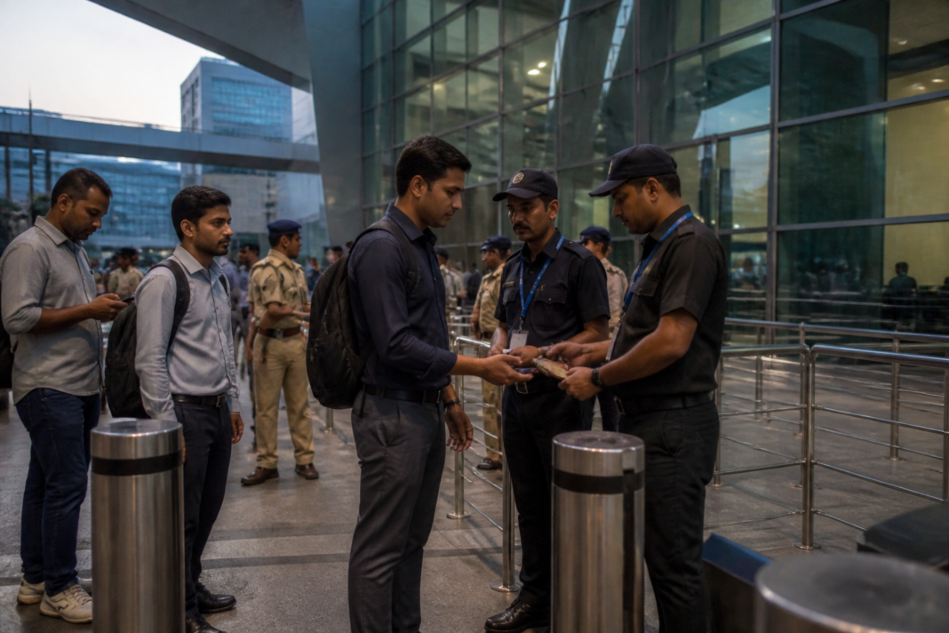 Security personnel outside a high-security venue in Mumbai’s Bandra-Kurla Complex during an investigation into an alleged forged PMO ID