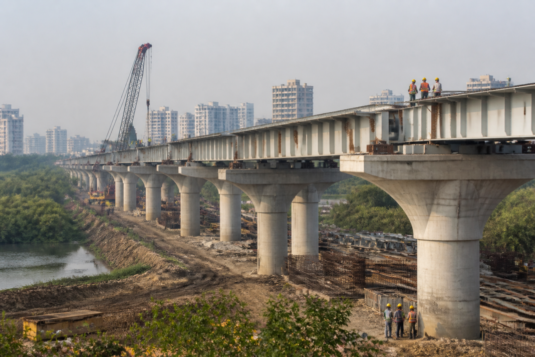 Construction of the Thane Coastal Road elevated corridor with concrete piers and girders along Thane's urban and coastal landscape