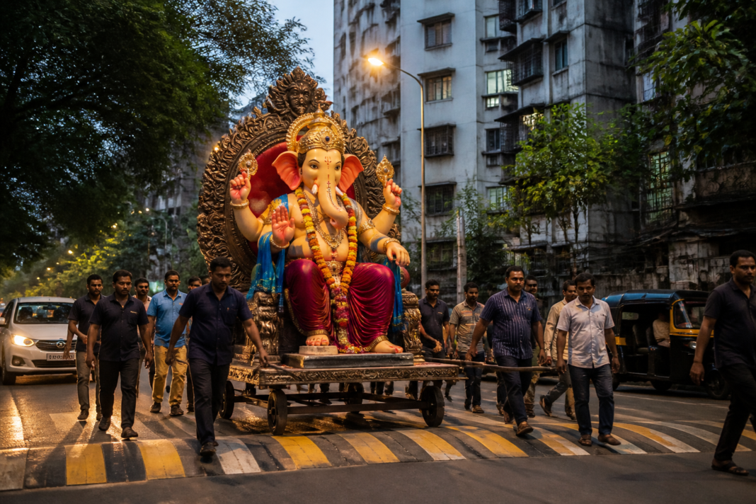 Ganesh idol being transported on a trolley during preparations for Ganeshotsav in Mumbai