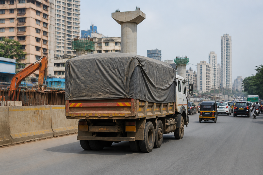 Covered construction debris truck on a Mumbai road, representing the BMC's mandatory C&D waste tracking system