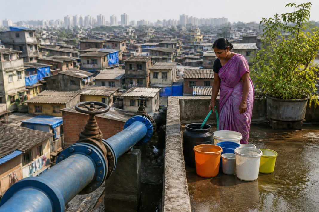 Mumbai water supply pipeline and urban neighbourhood during the ongoing Mumbai water cut