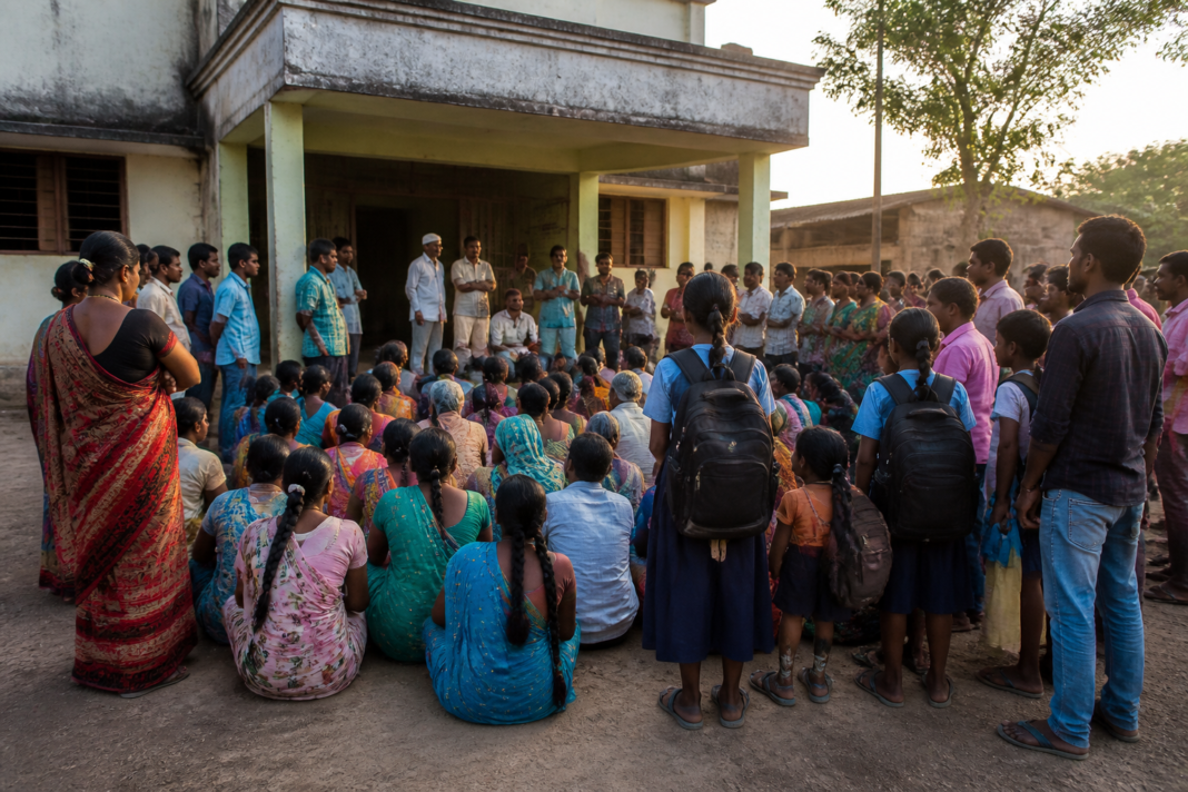 Students and parents protesting over Shahapur government school facilities and possible school closures