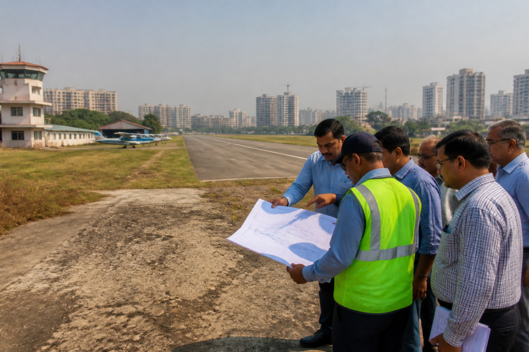 Officials conduct a land survey at Kolkata’s Behala Flying Club to assess runway and airfield infrastructure for small aircraft operations