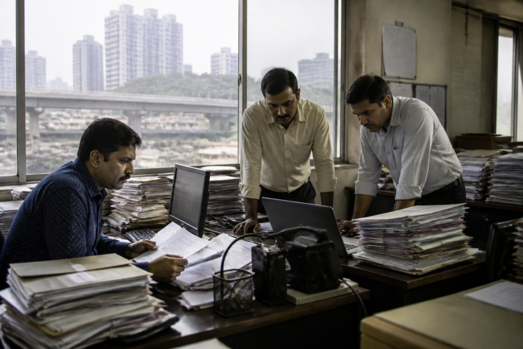 Police and financial investigators examining documents in a Mumbai-Thane cryptocurrency fraud investigation