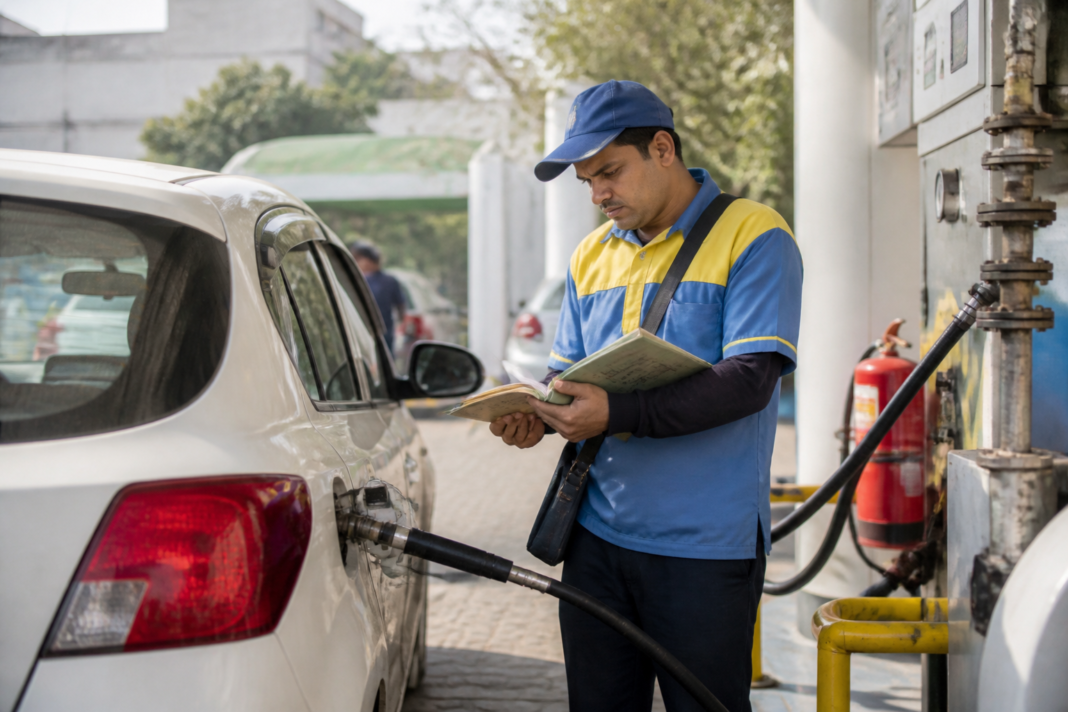 CNG vehicle being inspected at an IGL fuel station in Delhi during hydro-test certificate checks