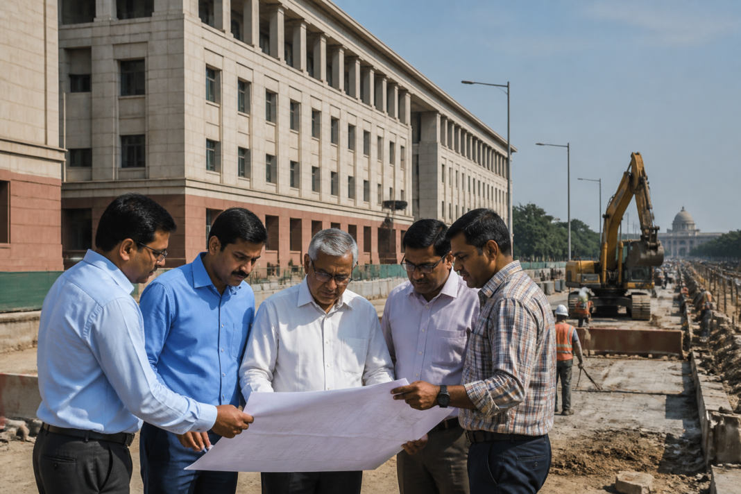 Delhi PWD engineering cadre officials overseeing a public infrastructure project near a government building in New Delhi