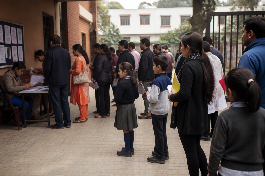 Students and parents outside a private school in Delhi during the EWS admission process