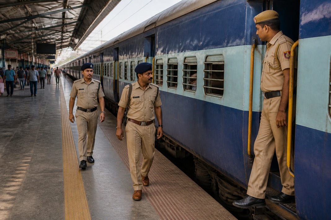 Brindavan Express passenger train at a railway platform in India