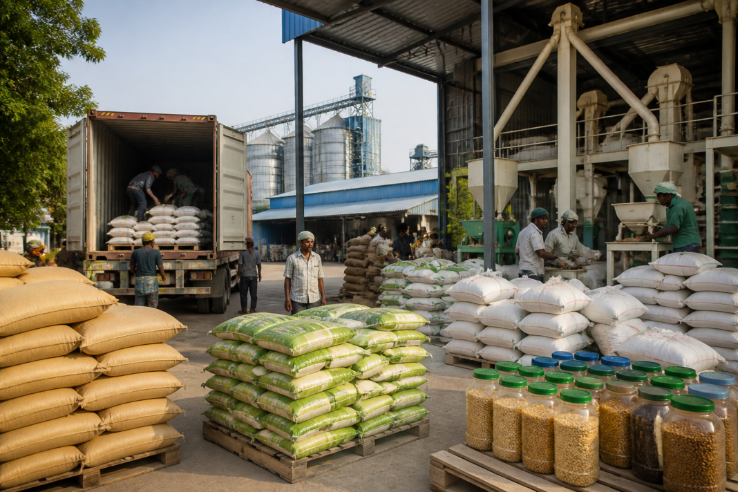 Rice sacks and agricultural produce prepared for Telangana farm exports at a modern processing facility