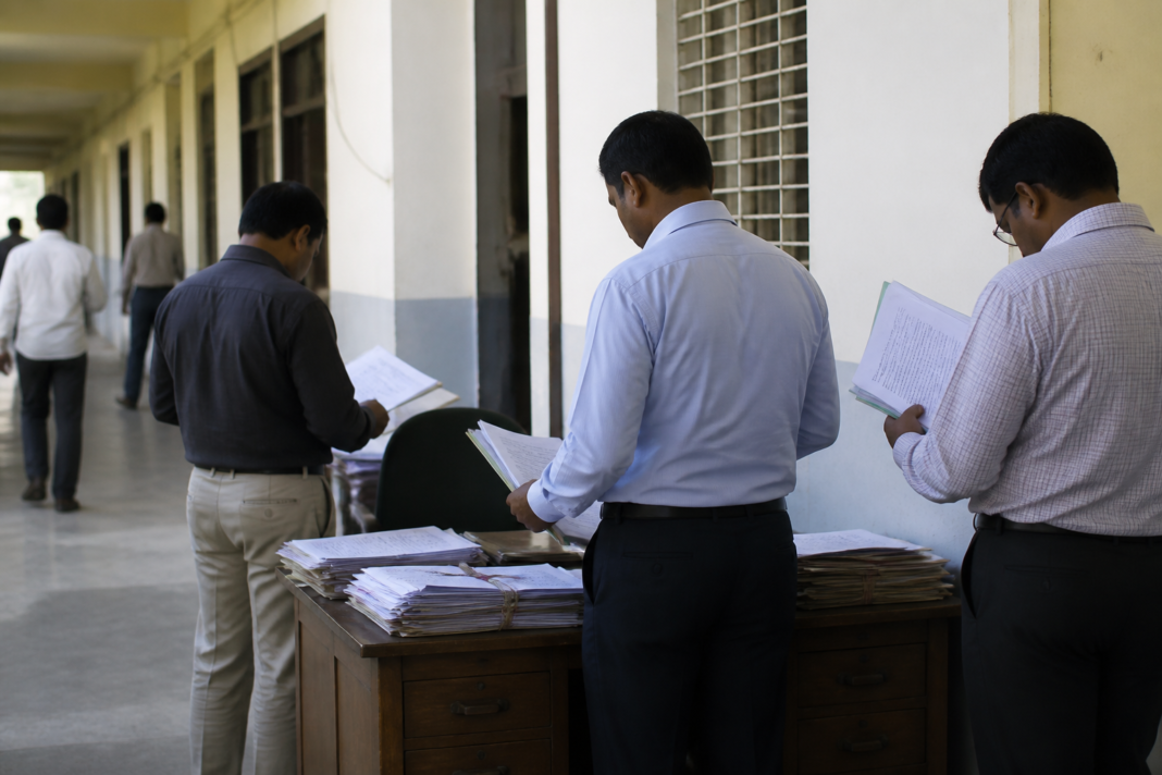 Anti-Corruption Bureau officials conducting an investigation at a government office in Andhra Pradesh