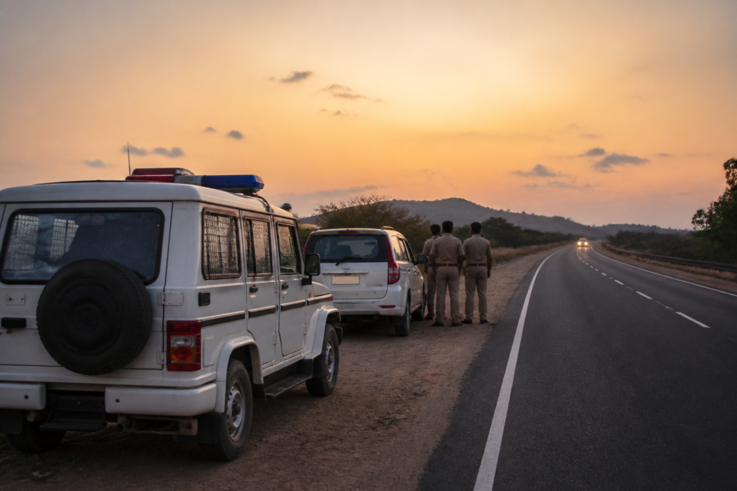 Police vehicles and officers during an operation near the NH-544E highway in Hindupur, Andhra Pradesh