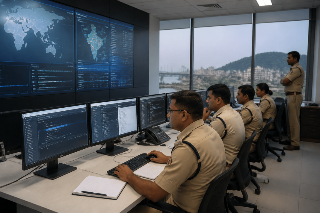 Police personnel working at the Cybercrime Coordination Centre in Vijayawada as Andhra Pradesh plans cybercrime cells in every district