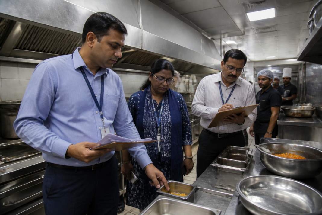 Municipal officials inspecting hygiene conditions at a hotel kitchen in Vijayawada
