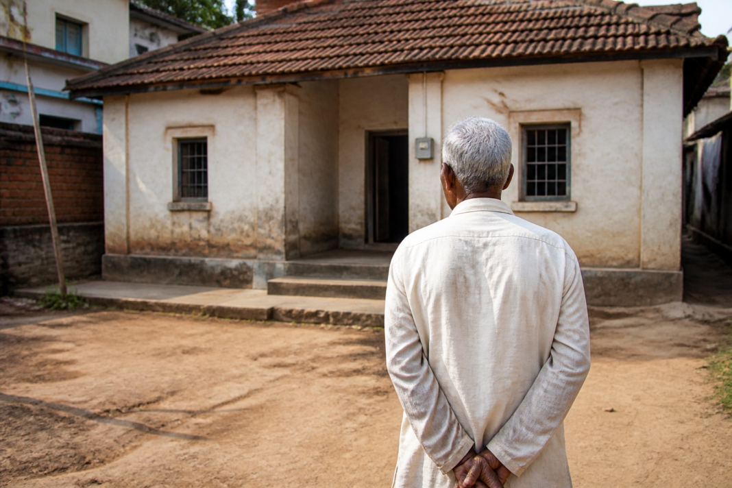 Senior citizen property rights represented by an elderly man standing outside an ancestral home in Odisha