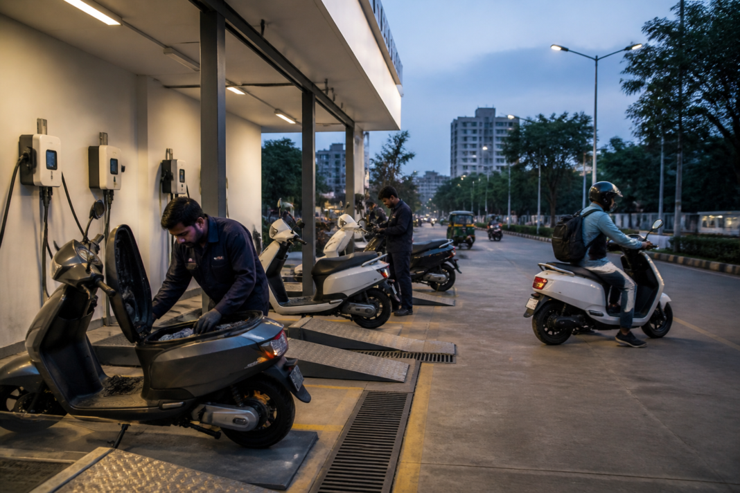 Electric scooters parked outside an urban charging and service facility, representing the contrasting growth paths of Ather Energy and Ola Electric in India’s electric scooter market