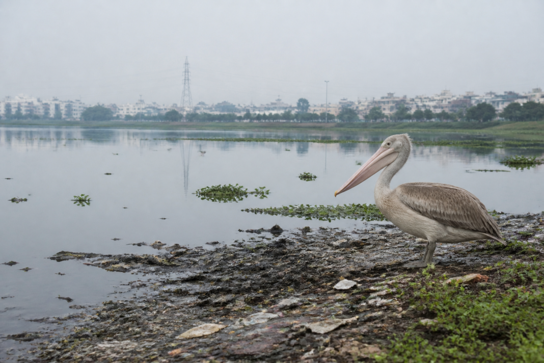 Spot-billed pelican near the polluted shoreline of Korattur Lake in Chennai