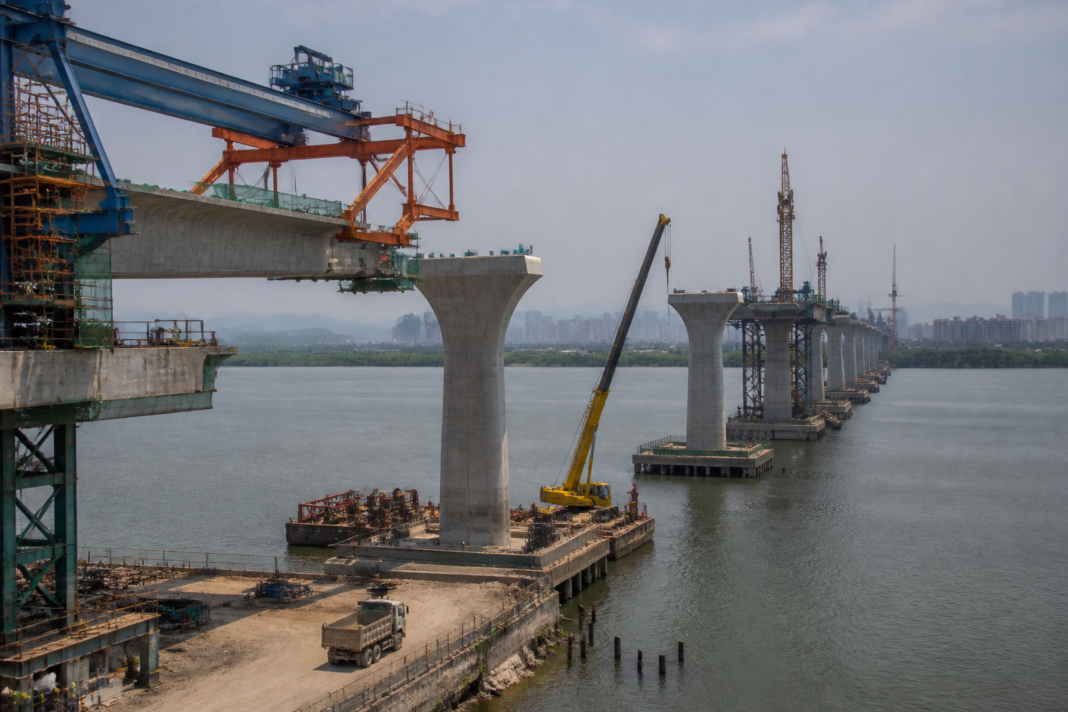 Elevated construction work on the Thane Coastal Road corridor with concrete piers and girders in Thane