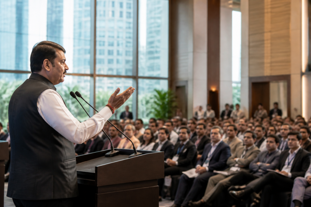 Maharashtra Chief Minister Devendra Fadnavis speaking at a fintech event in Mumbai, highlighting Maharashtra land tokenisation plans
