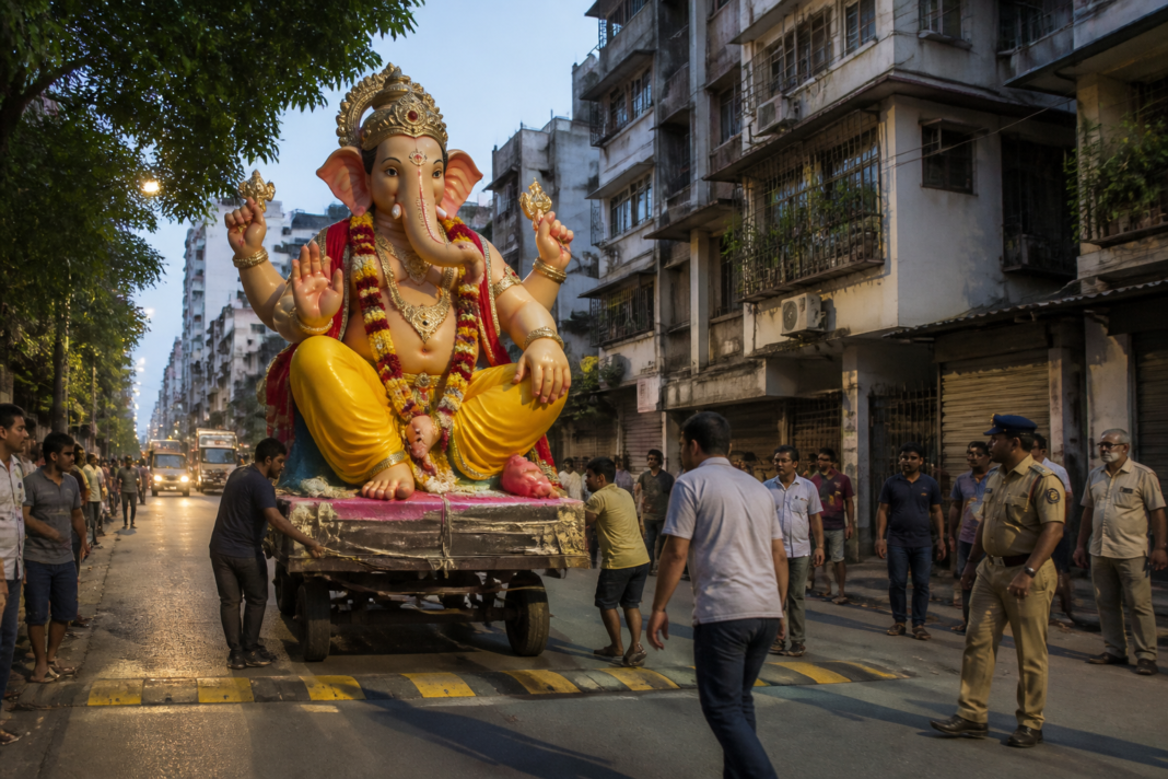 A large Ganesh idol being transported on a trolley during Ganeshotsav preparations in Mumbai