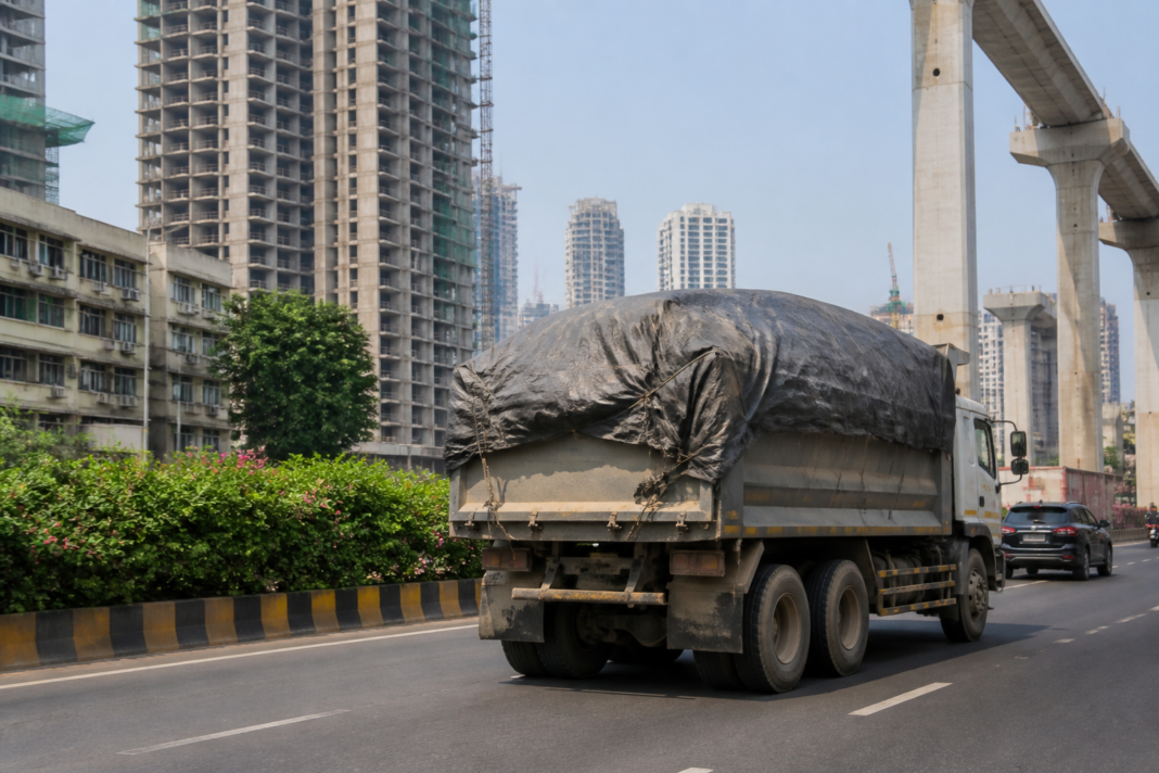 Covered truck carrying construction debris on a Mumbai road under the BMC's debris tracking requirements