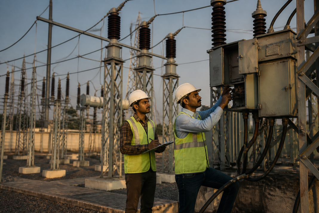 Electricity distribution workers maintaining power infrastructure in Maharashtra