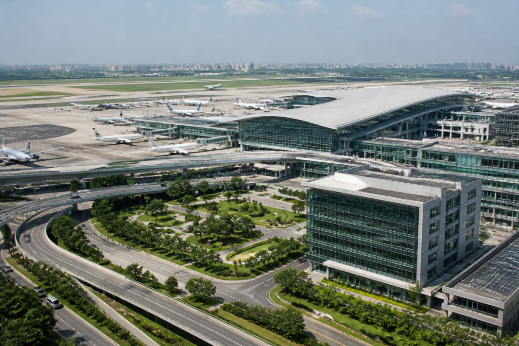 Airport terminal and surrounding urban development representing the Adani Airports expansion plan
