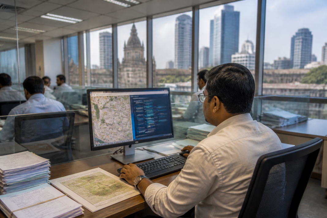 Maharashtra land tokenisation concept shown through a digital land records interface in an urban government office