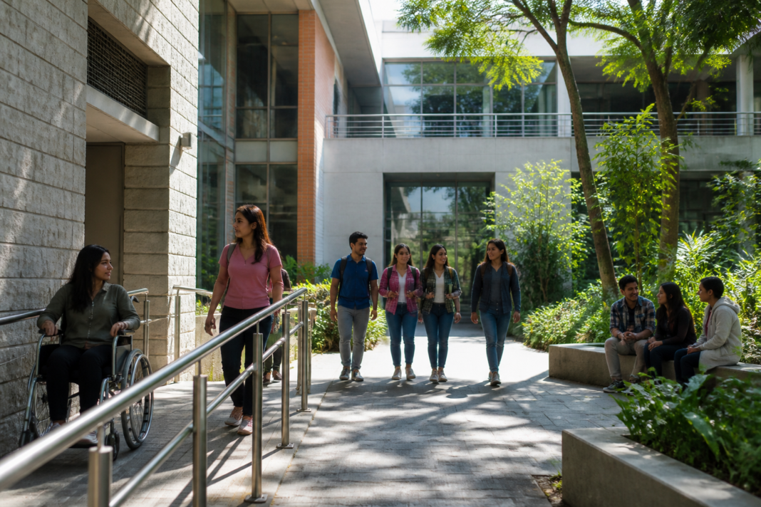 Students walking through a Bengaluru educational campus with counselling and student support facilities in view