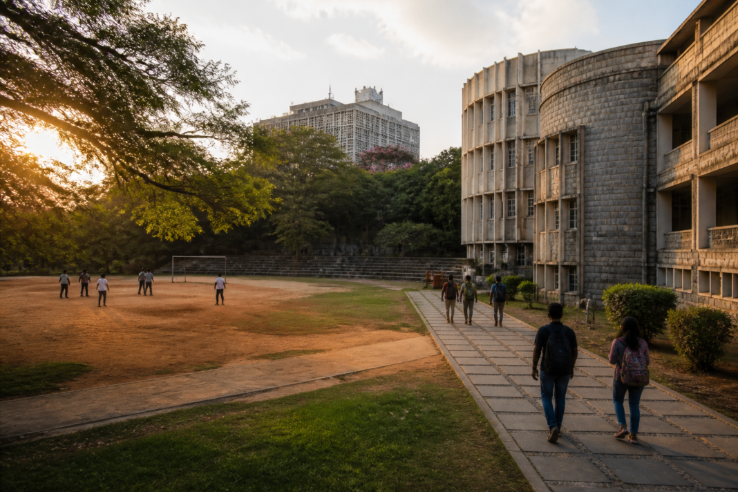 IISc campus pathway and shared student spaces in Bengaluru, illustrating the campus environment discussed in a student mental health survey