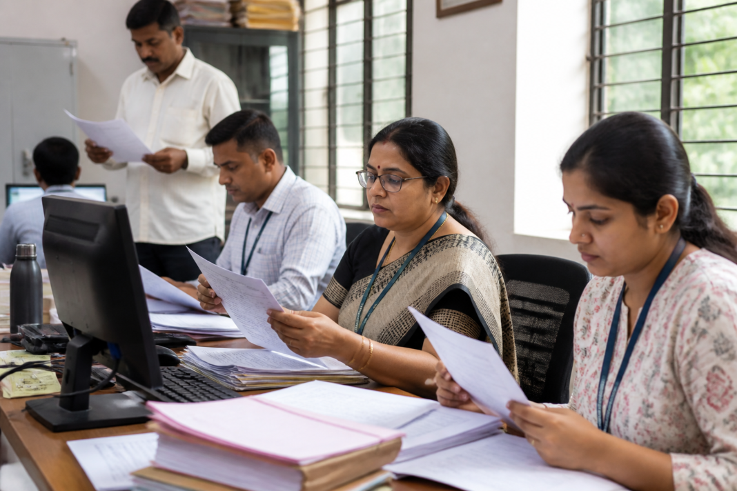 Officials reviewing voter records during Karnataka voter list revision in Bengaluru