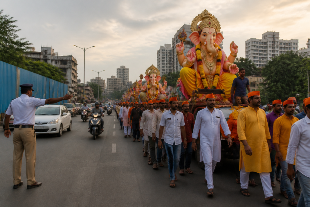 Ganesh immersion procession moving along a Thane road during traffic restrictions